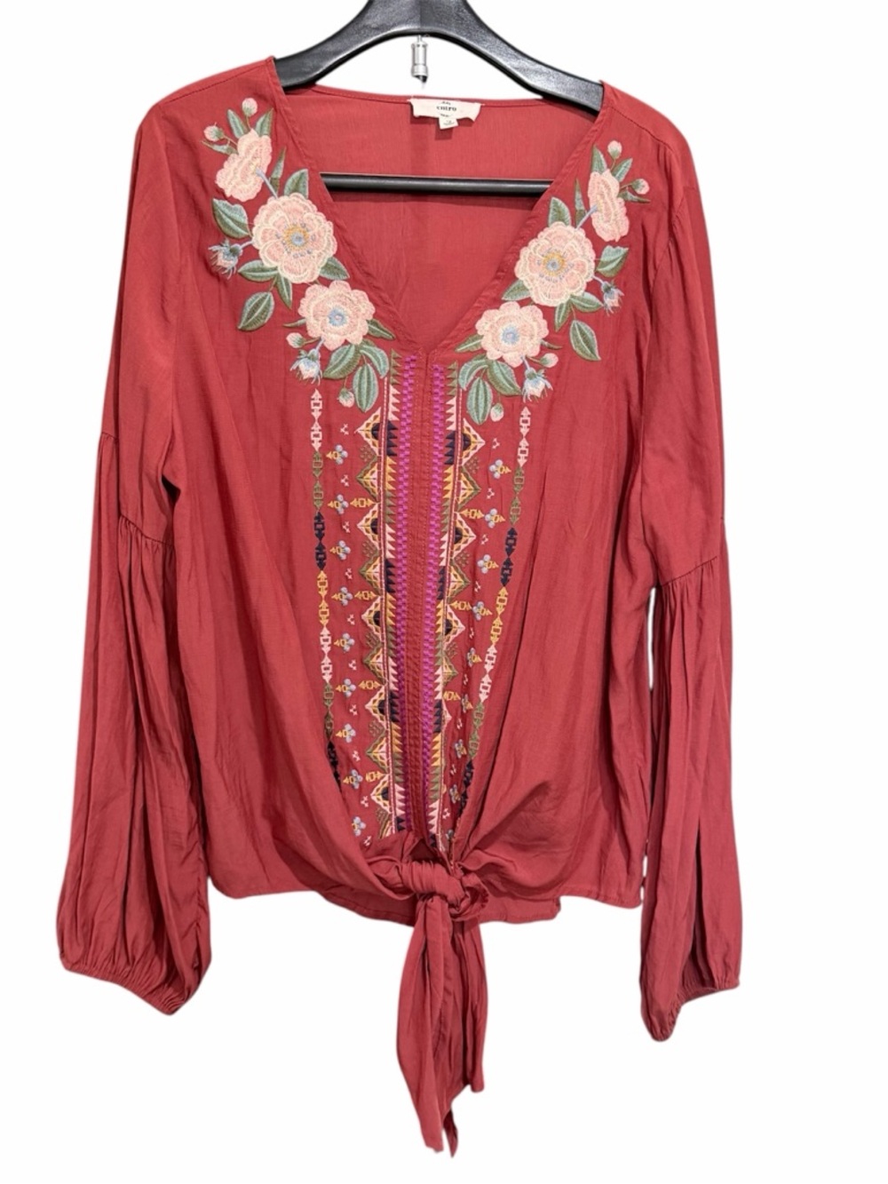 ENTRO Boho Embroidered Tie-Front V-Neck Top